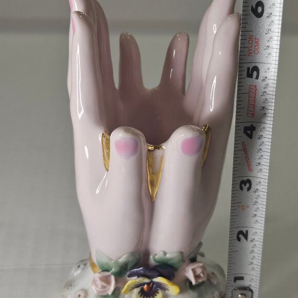 Vintage Glazed Porcelain Ladies Hands Vase Japan Hand Painted Pansy and Roses - Picture 8 of 9